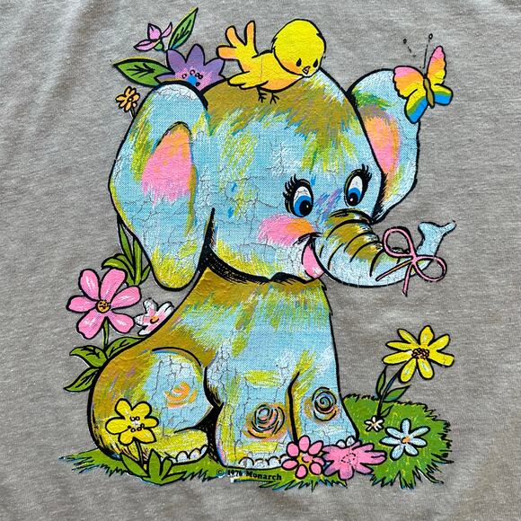True Vintage 70s Trippy Rainbow Elephant Nature Cartoon T Shirt Flowers Hippie M - Picture 3 of 12